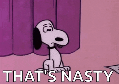 snoopy is sitting in front of a pink curtain with the words `` that 's nasty '' written on the bottom .