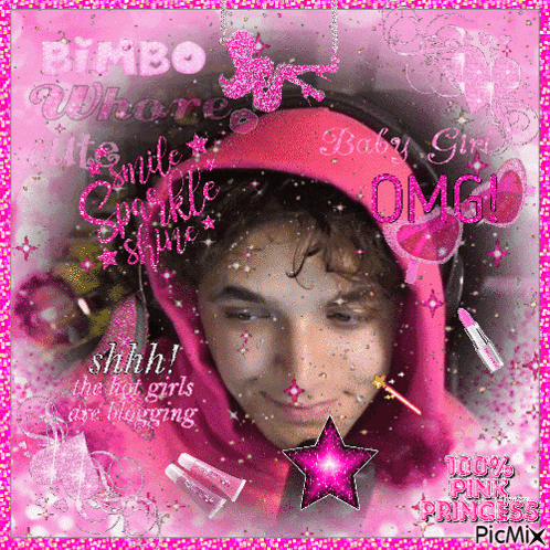 a girl in a pink hoodie is surrounded by pink glitter and says bimbo whore