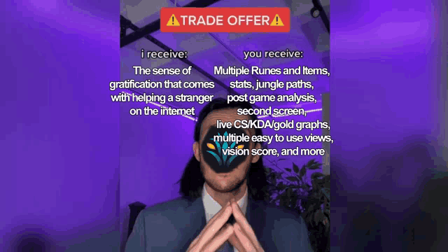 a man in a suit stands in front of a purple background with text that says trade offer