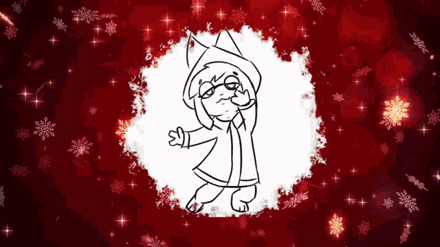 a black and white drawing of a cartoon character with snowflakes in the background