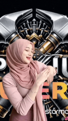 a woman wearing a pink hijab stands in front of a poster that says power