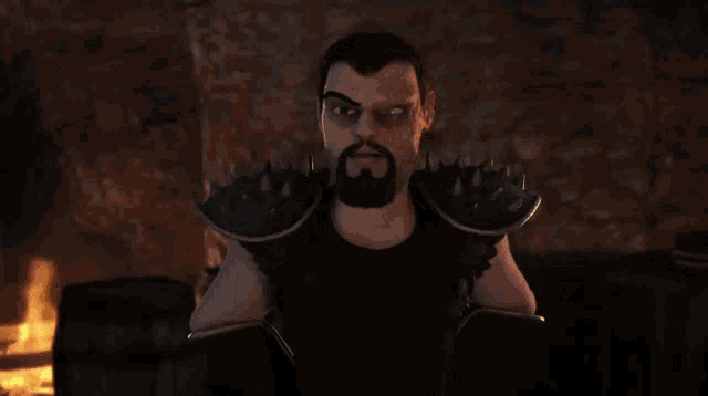 a cartoon character with a beard and spiked armor looks at the camera