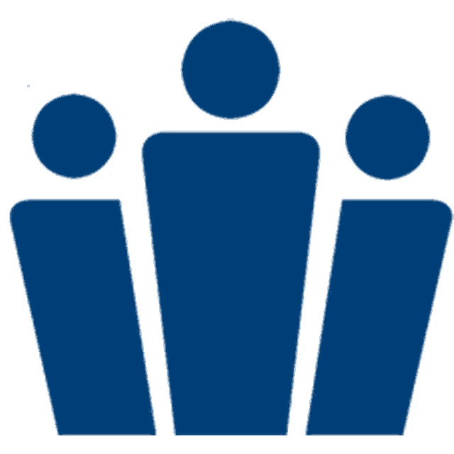 a blue silhouette of three people with circles around their heads