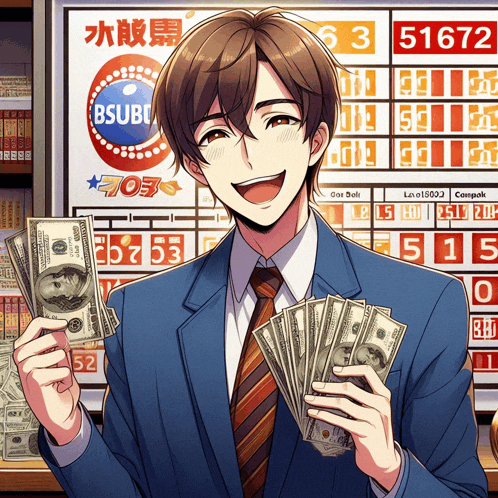 a man in a suit and tie is holding a bunch of money in front of a sign that says bsubo