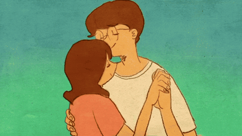 a cartoon of a man kissing a woman on the neck