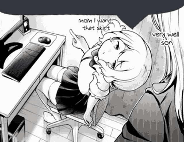 a black and white drawing of a girl sitting in front of a desk with the words mom i want that skirt