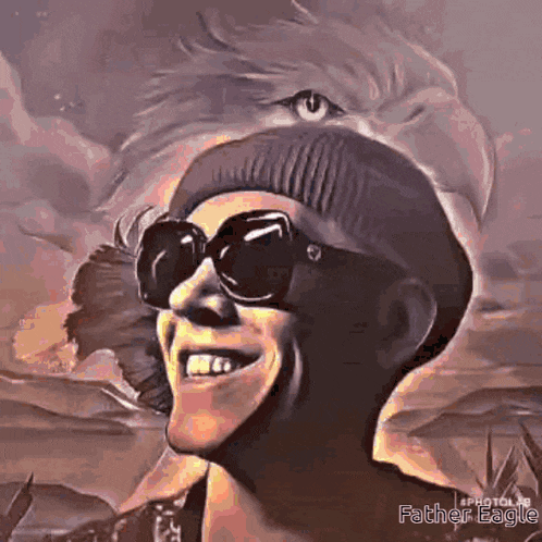 a painting of a man wearing sunglasses and a hat with an eagle eye