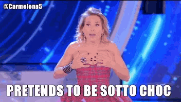 a woman in a red dress holds her breasts in front of a blue background with the words pretends to be sotto choc