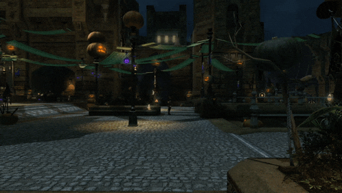 a video game character with a lizard head stands on a cobblestone street with pumpkins and lanterns