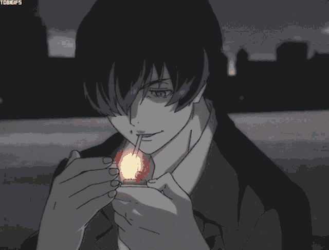 a black and white drawing of a man lighting a cigarette with the words tobegifs below him