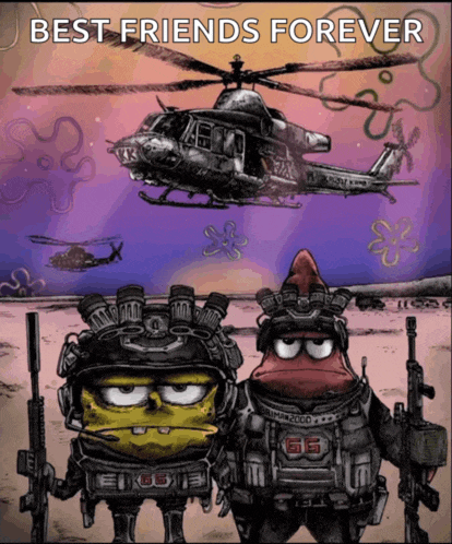 a cartoon of spongebob and patrick in military uniforms with a helicopter in the background and the caption best friends forever
