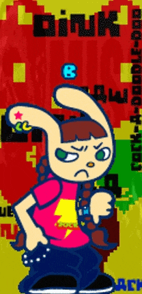 a pixel art of a girl with a lightning bolt on her shirt and the word dink on the bottom right