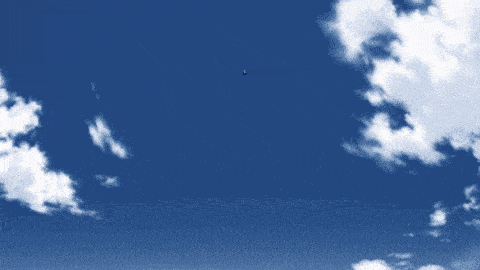 a person flying through a blue sky with clouds