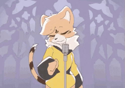 a cartoon drawing of a cat with a microphone