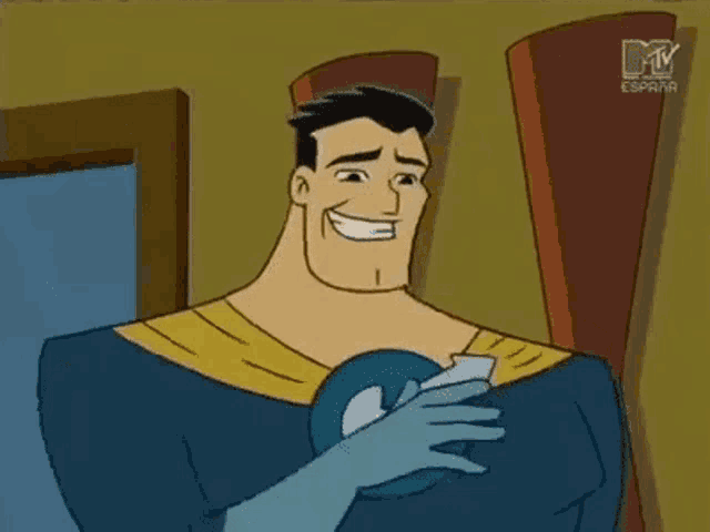 a man in a superhero costume is smiling and holding a ball in his hand .