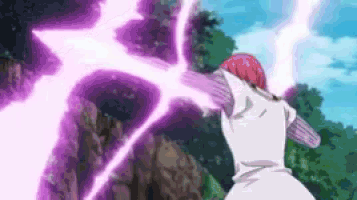 a person is holding a sword in their hand and a purple lightning bolt is coming out of it .