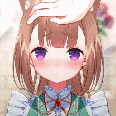a girl with brown hair and purple eyes is being touched by someone