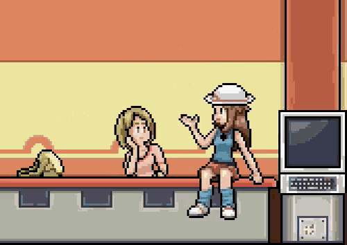a pixel art of two girls sitting on a bench talking to each other