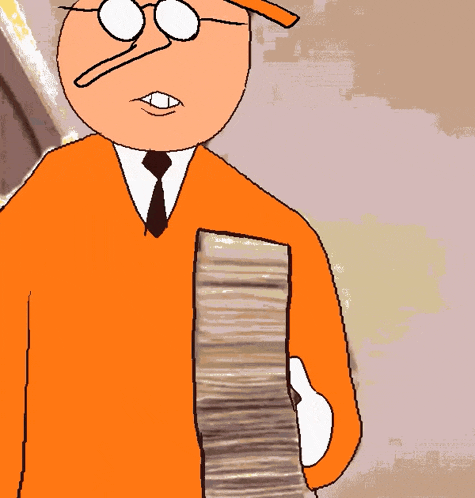 a cartoon of a man wearing an orange hat and tie holding a stack of cards