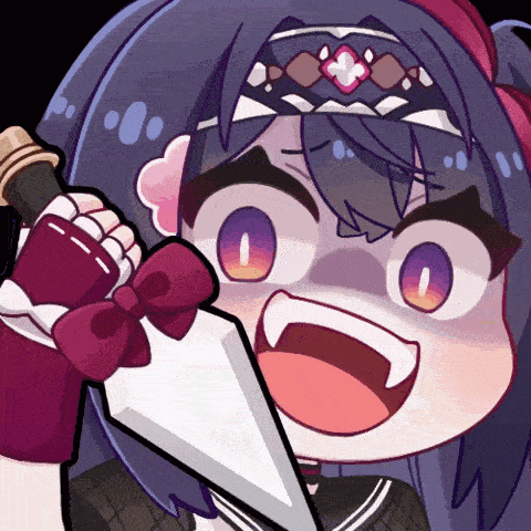 a cartoon drawing of a girl with purple hair holding a knife