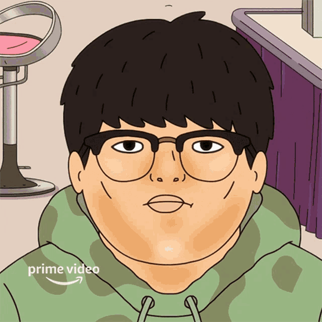 a cartoon drawing of a man with glasses and a green hoodie that says prime video on the bottom