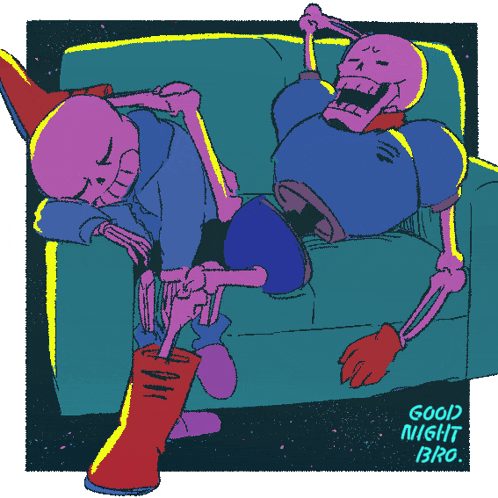 a drawing of two skeletons on a couch with the words good night bro on the bottom