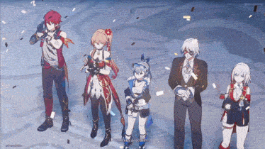 a group of anime characters are standing next to each other and one of them says thereby proclaim