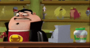 a cartoon character is sitting at a counter with a bottle of water