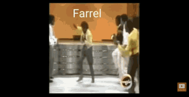 a group of people are dancing with the word farrel above them