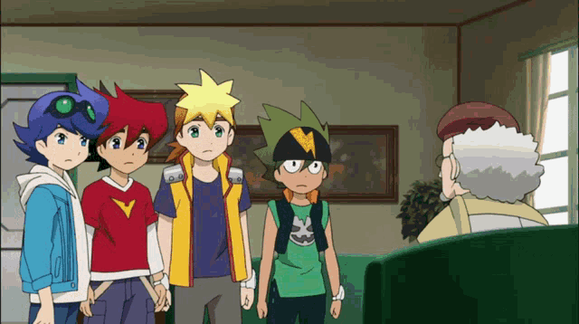 a group of cartoon characters are standing in a room