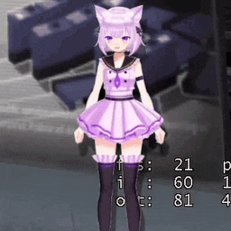 a cartoon girl in a purple dress and black thigh high socks is standing in a dark room .