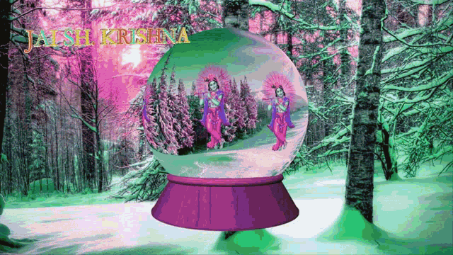a snow globe with a picture of jaish krishna on it