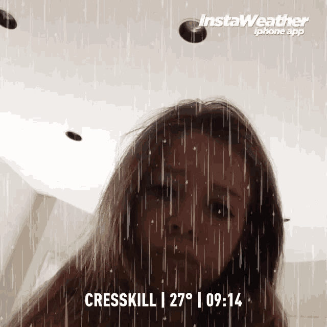 a woman is standing in the rain with instaweather written on the bottom right
