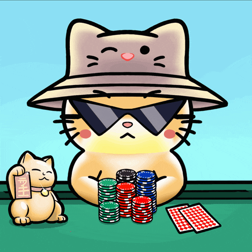 a cartoon cat wearing a hat and sunglasses holds a stack of poker chips