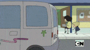 a cartoon character is standing next to a van that says cn on the back