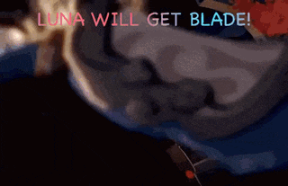 a cartoon character is laying on the ground with the words `` luna will get blade '' written above her .