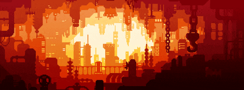 a pixel art drawing of a city with a huge explosion in the background