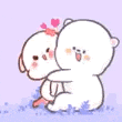 a couple of white bears hugging each other on a purple background .