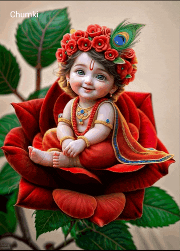 a baby with a peacock feather on his head is sitting on a rose