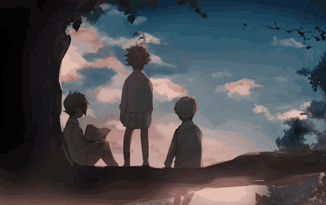 a group of people sitting under a tree looking up at the sky