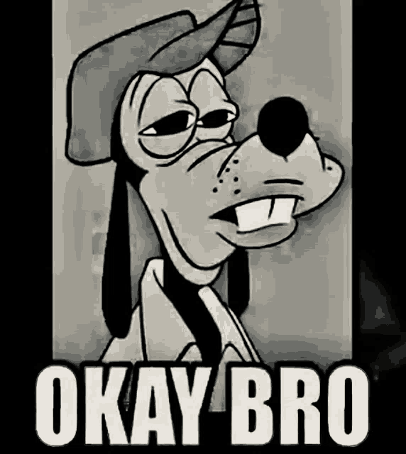 a black and white cartoon of goofy with the words okay bro below him
