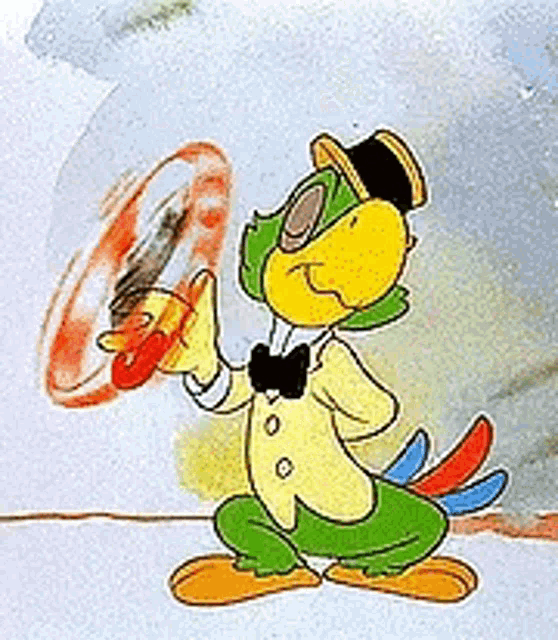 a cartoon parrot wearing a top hat and bow tie is holding a drum .