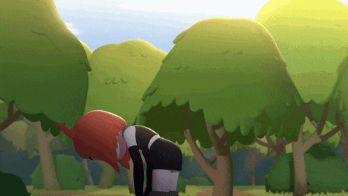 a cartoon drawing of a person in a forest with trees in the background