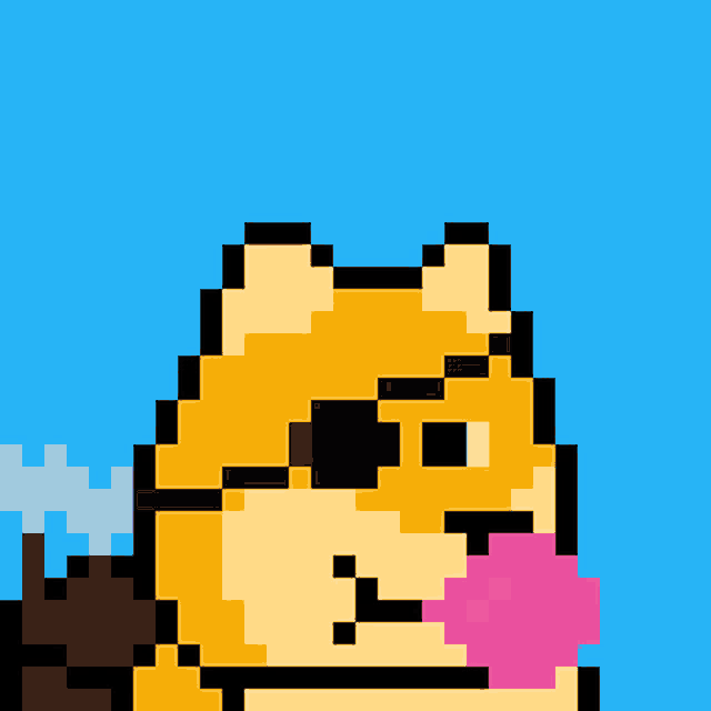 a pixel art of a dog with a pink bubble