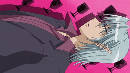 a cartoon character is laying on a pink surface with wine glasses around him