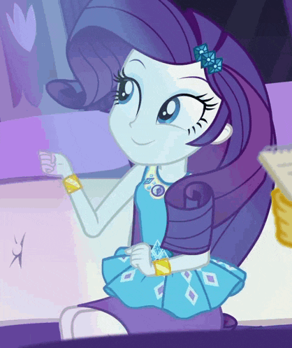 a little girl with purple hair is wearing a blue dress with diamonds on it