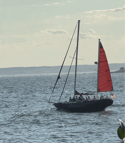 a sailboat with a red sail is floating in the water