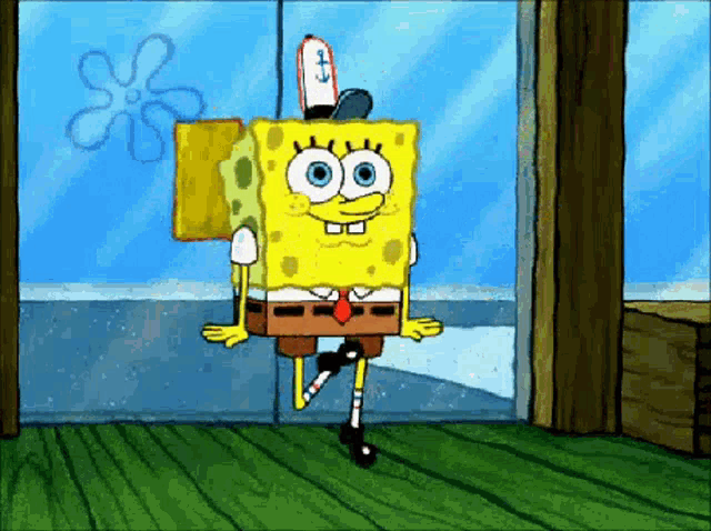 a cartoon of spongebob with a prosthetic leg standing in front of a window