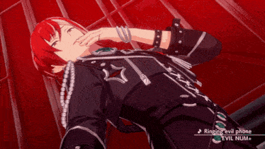 a red haired anime character with the words ringing evil phone evil num +