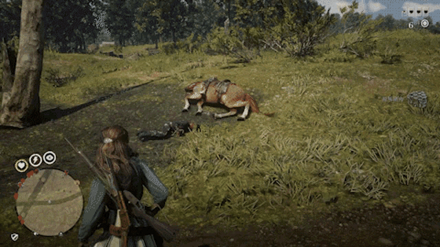 a person standing next to a dead horse in a game